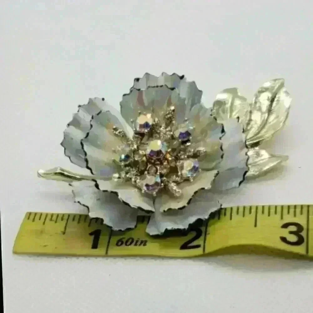 Vintage Coro Signed Brooch Flower Ruffle Iridescent Petals & AB Rhinestones RARE - Picture 8 of 8